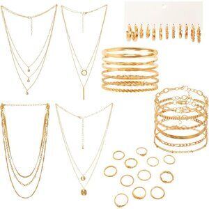 Jewelry Set Gold Material 34 pcs Necklaces Bracelets Rings Earrings Trendy